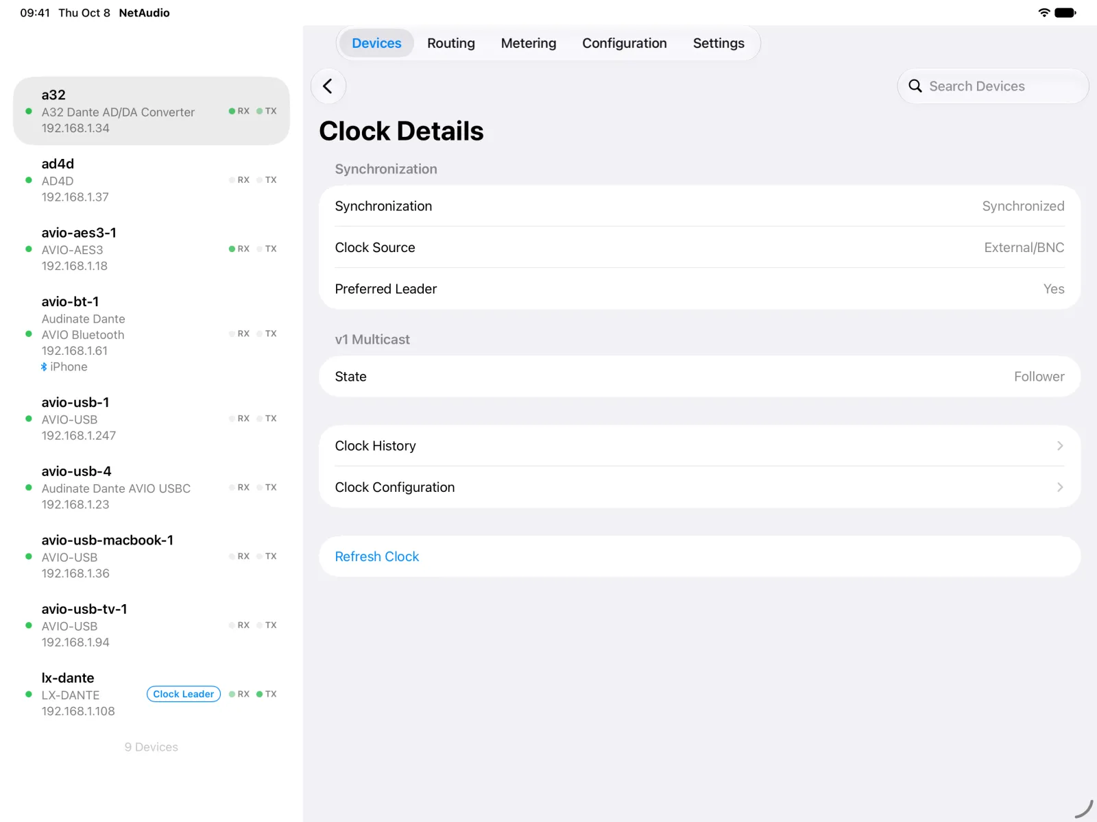 Clock details for the A32 on iPad: synchronized, external BNC clock source, preferred leader, and follower state.