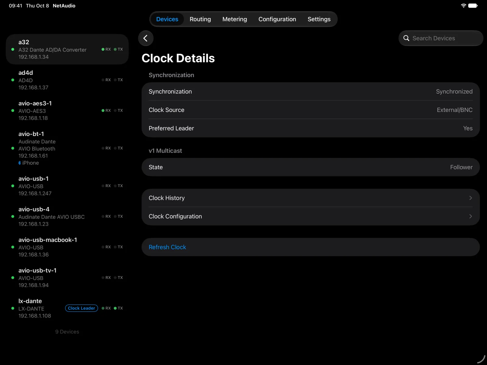 Clock details for the A32 on iPad: synchronized, external BNC clock source, preferred leader, and follower state.