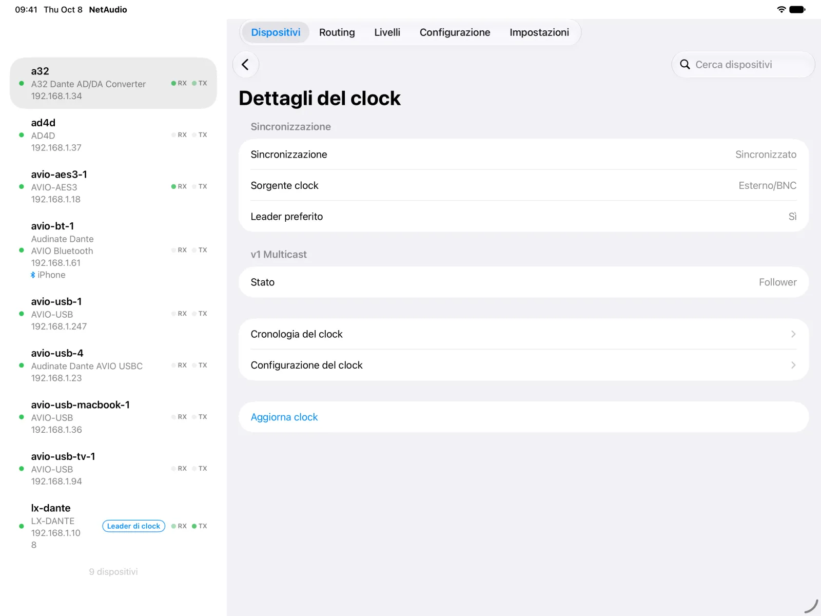 I dettagli del clock dell’A32 su iPad: sincronizzato, sorgente di clock BNC esterna, leader preferito e stato di follower.