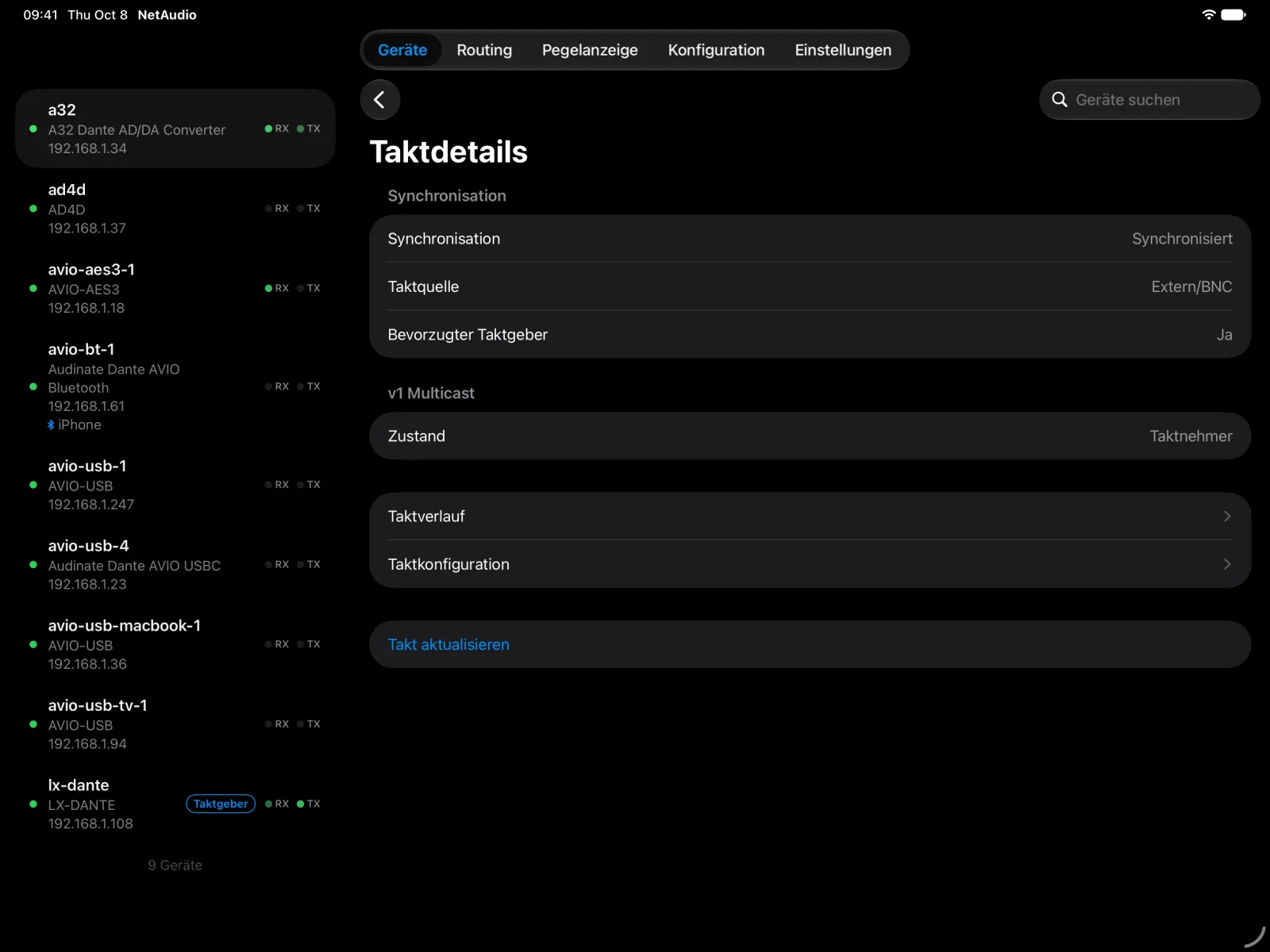 Taktdetails des A32 auf dem iPad: synchronisiert, externe BNC-Taktquelle, bevorzugter Taktgeber und Rolle als Taktnehmer.