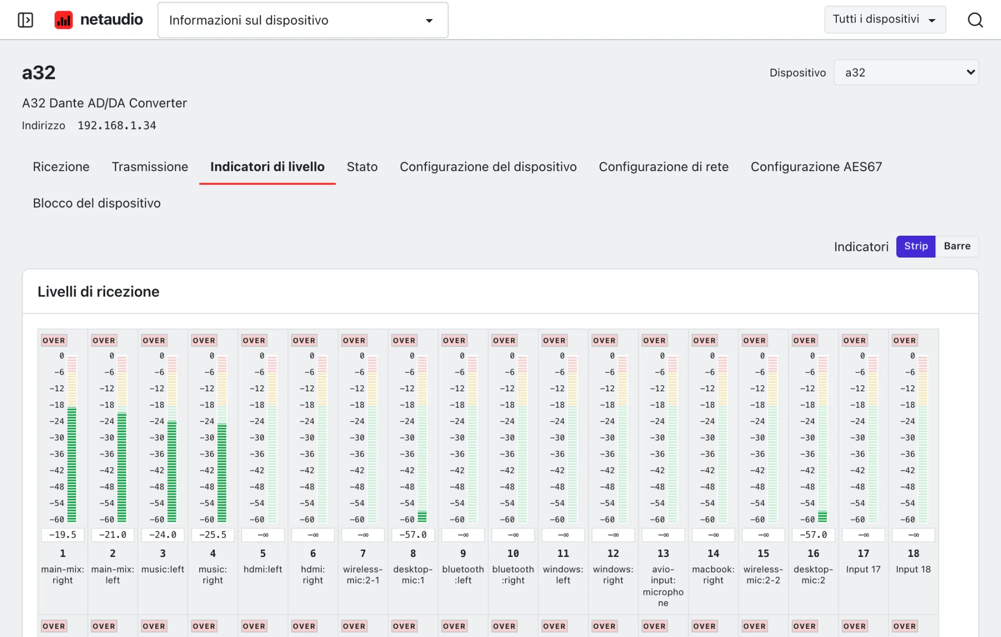 I livelli di ricezione e trasmissione dell’A32 nell’app web, in dBFS, con l’indicazione dei canali silenziati.