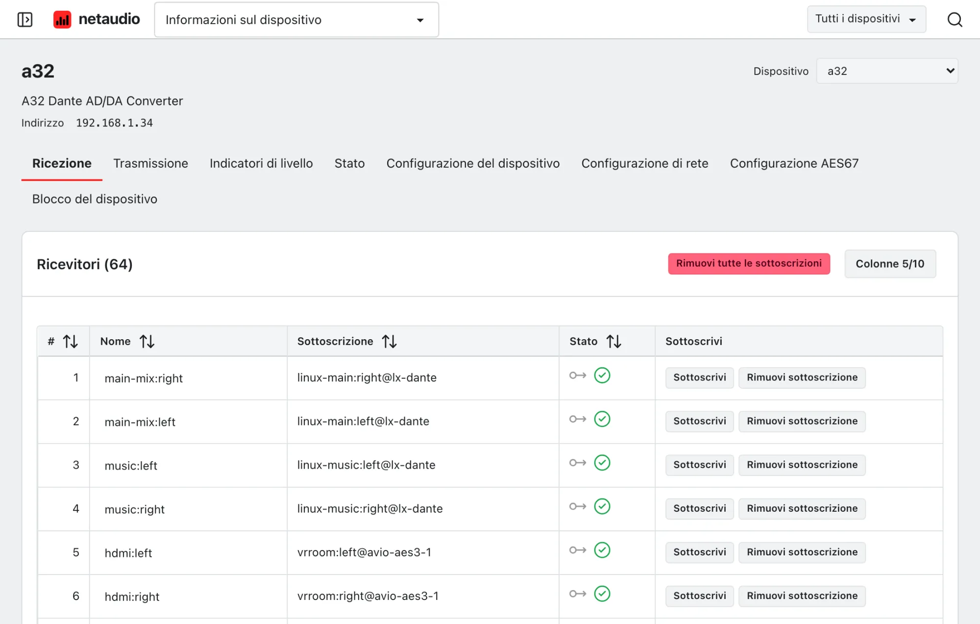 I canali di ricezione dell’A32 nell’app web, ciascuno con la sua sottoscrizione, il suo stato e i controlli per creare e rimuovere la sottoscrizione.