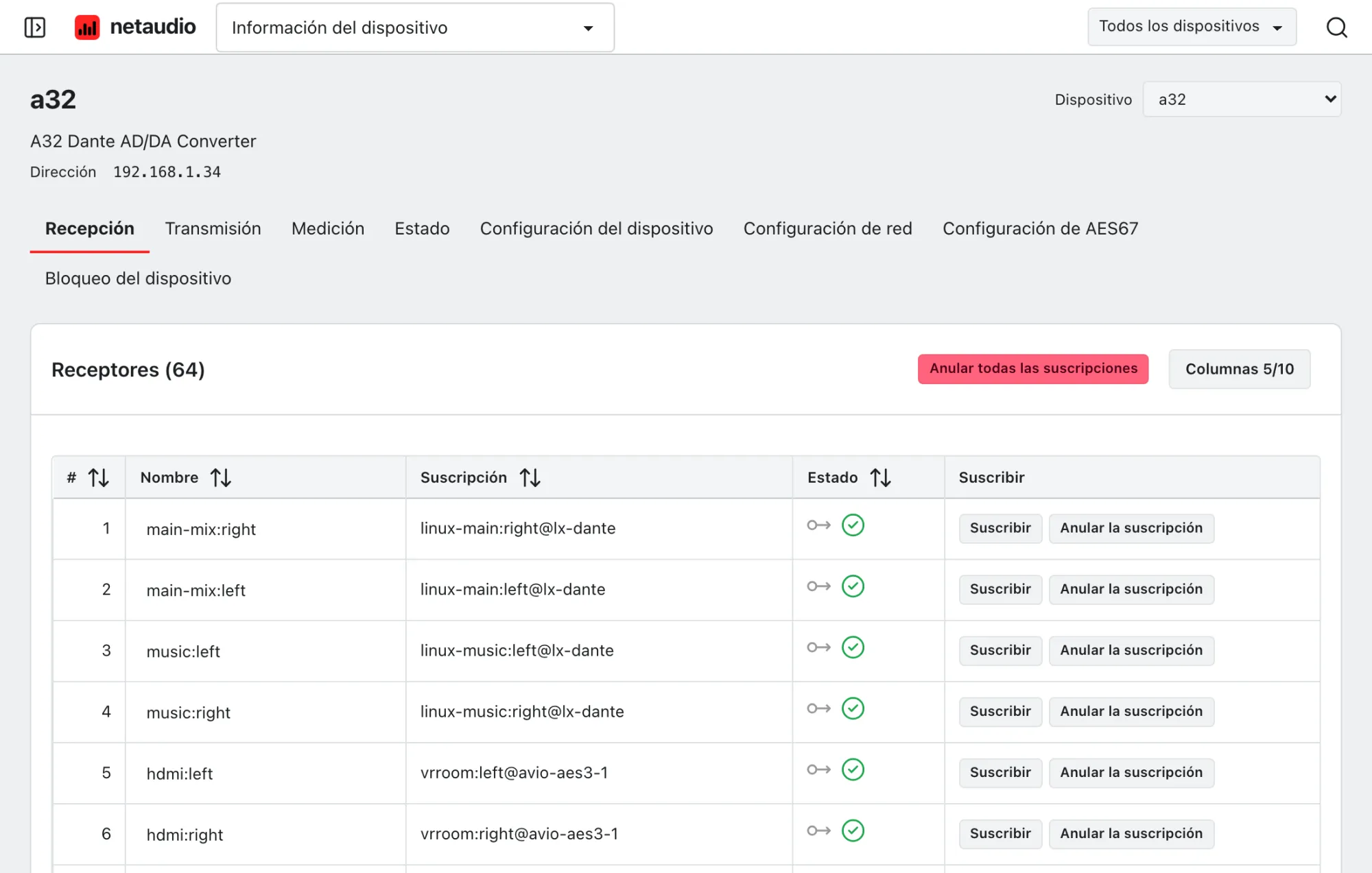 Los canales de recepción del A32 en la aplicación web, cada uno con su suscripción, su estado y controles para suscribirse y anular la suscripción.