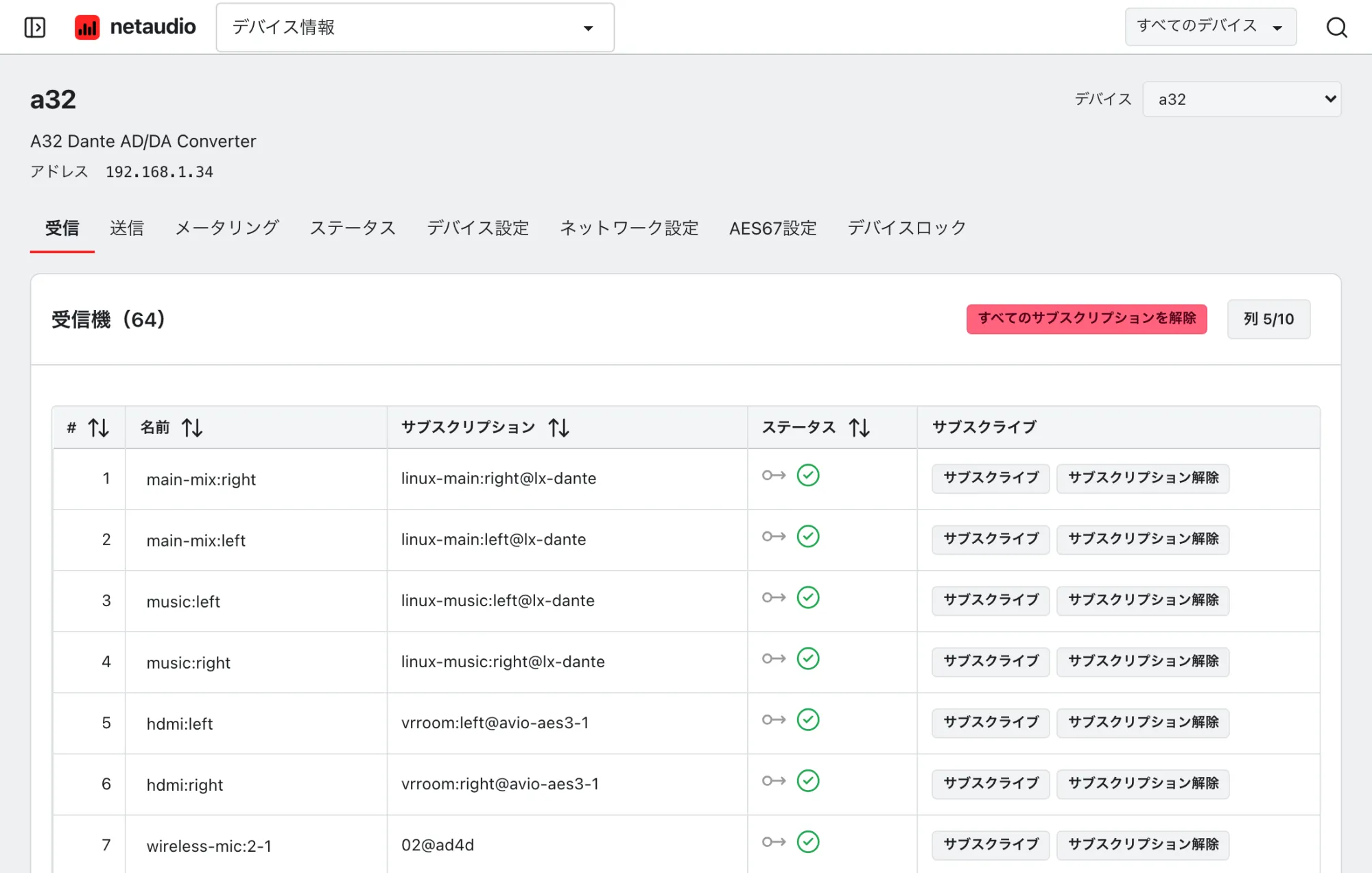 Web アプリで表示した A32 の受信チャンネル。各チャンネルのサブスクリプション、状態、サブスクライブとサブスクリプション解除のコントロールが表示されています。