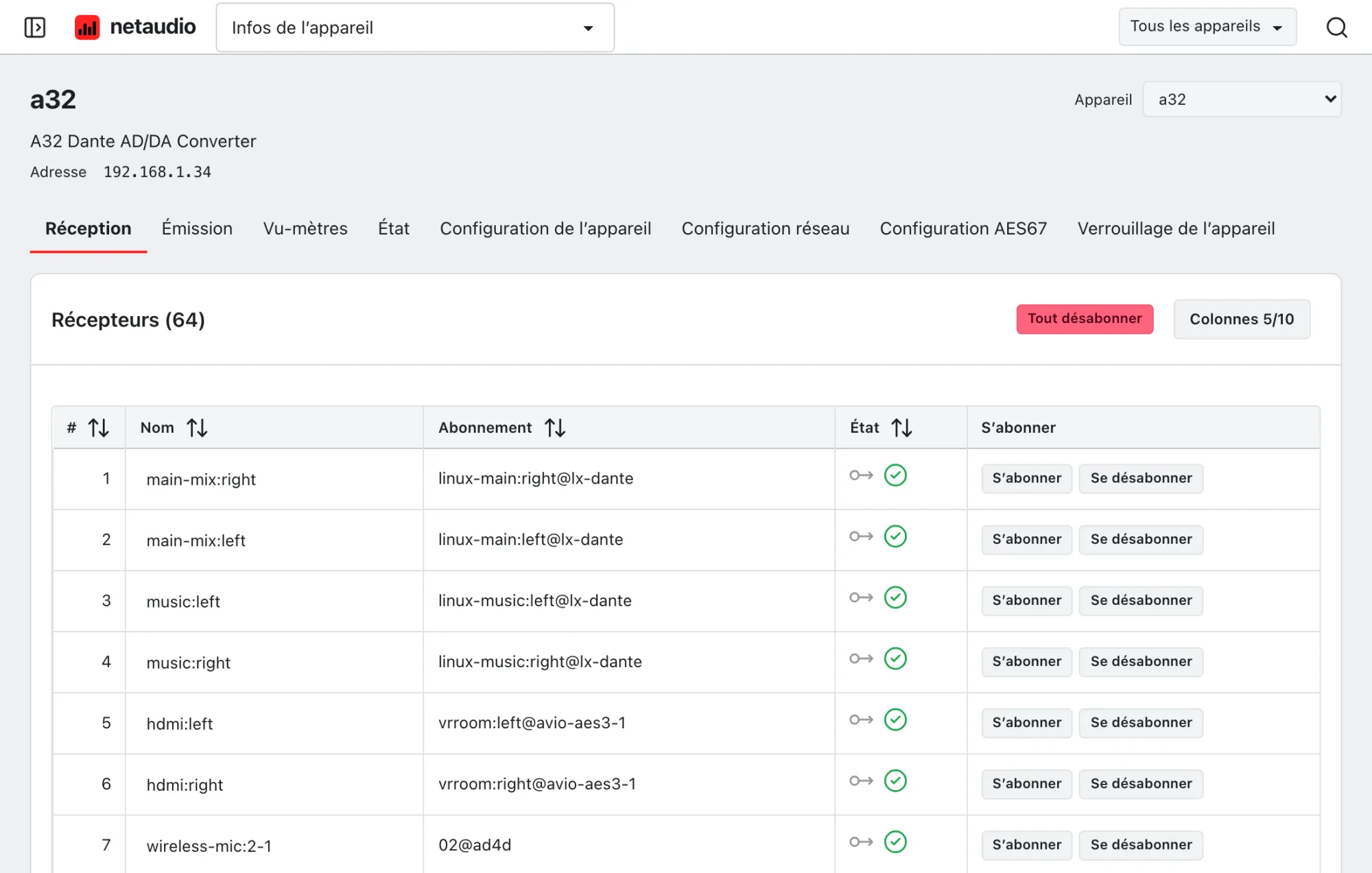 Les canaux de réception de l’A32 dans l’application web, chacun avec son abonnement, son état et des commandes pour s’abonner et se désabonner.