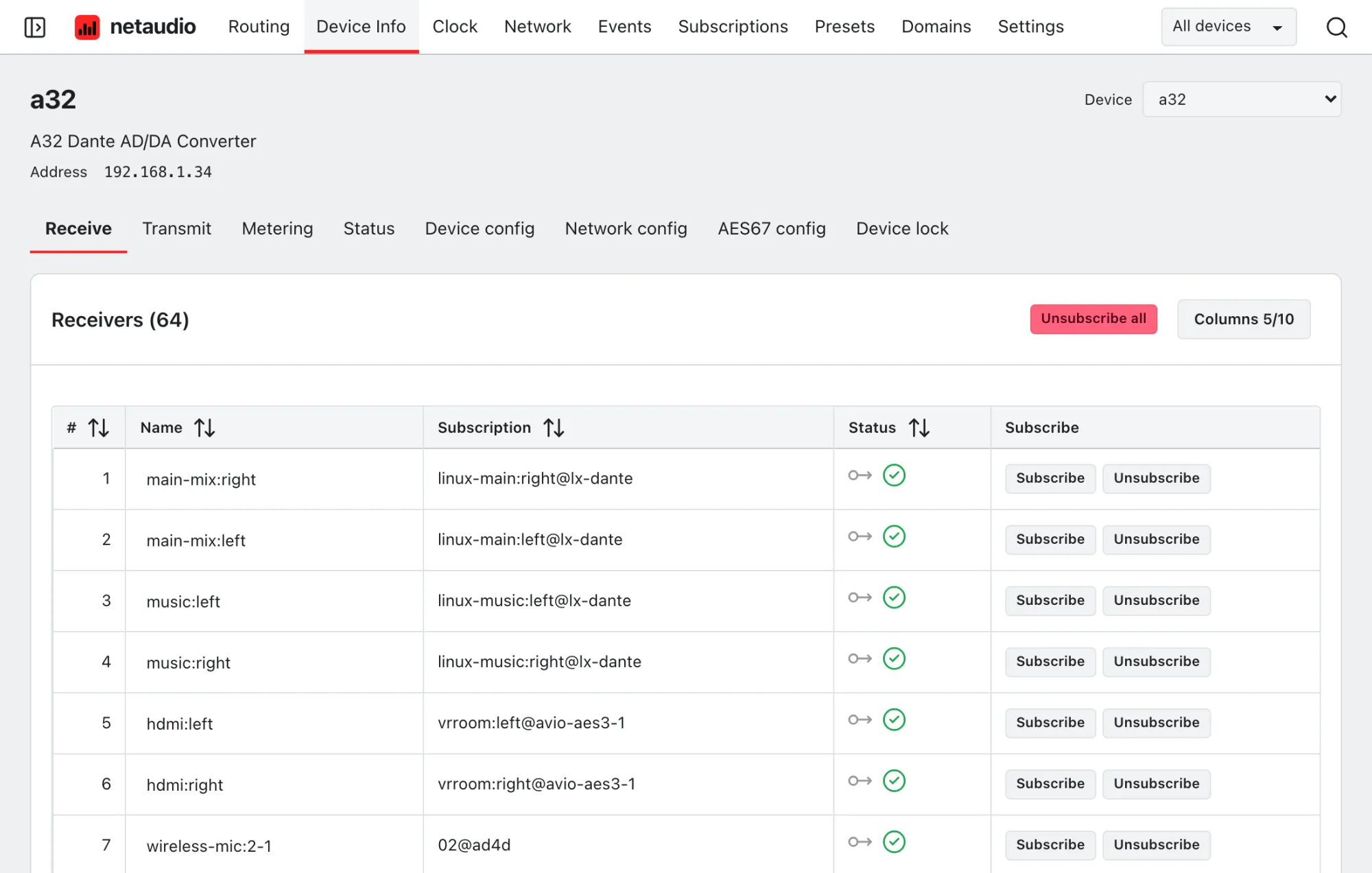 The A32’s receive channels in the web app, each with its subscription, status, and subscribe and unsubscribe controls.