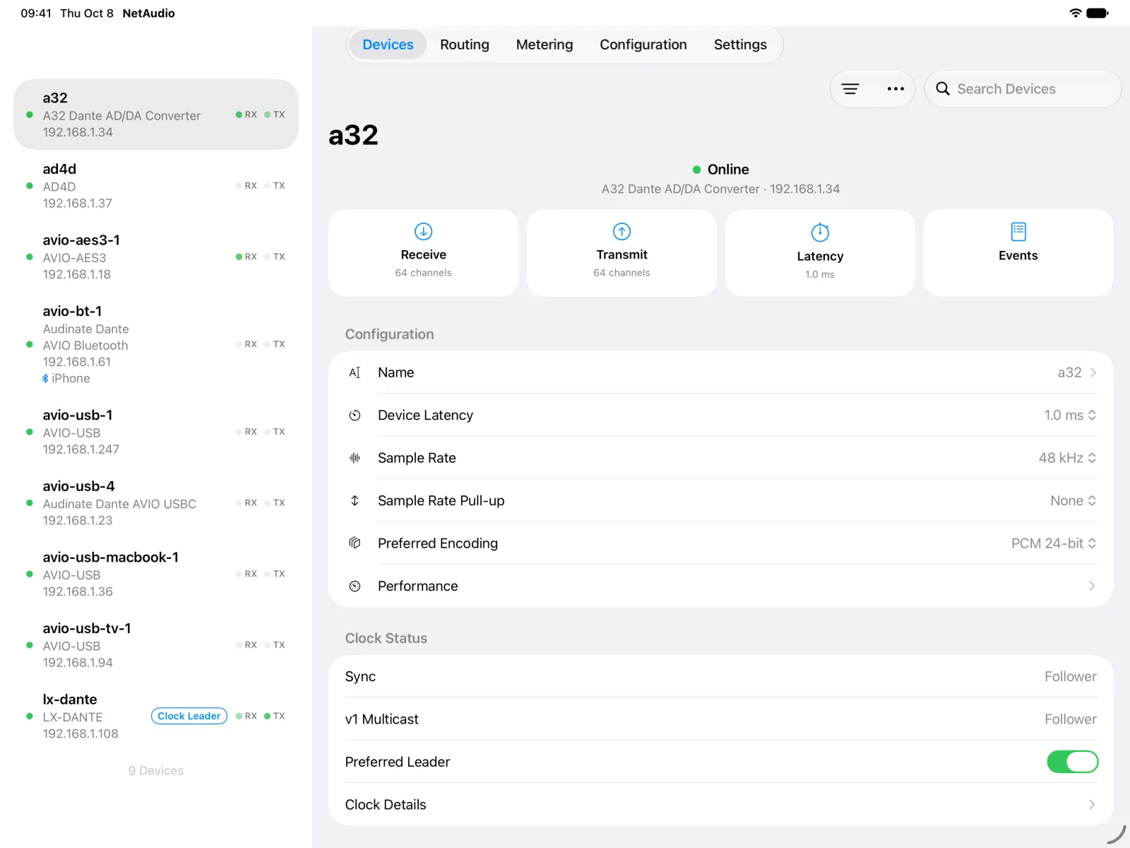 The A32 device page on iPad with receive, transmit, latency, and events tiles, its configuration, and its clock status.