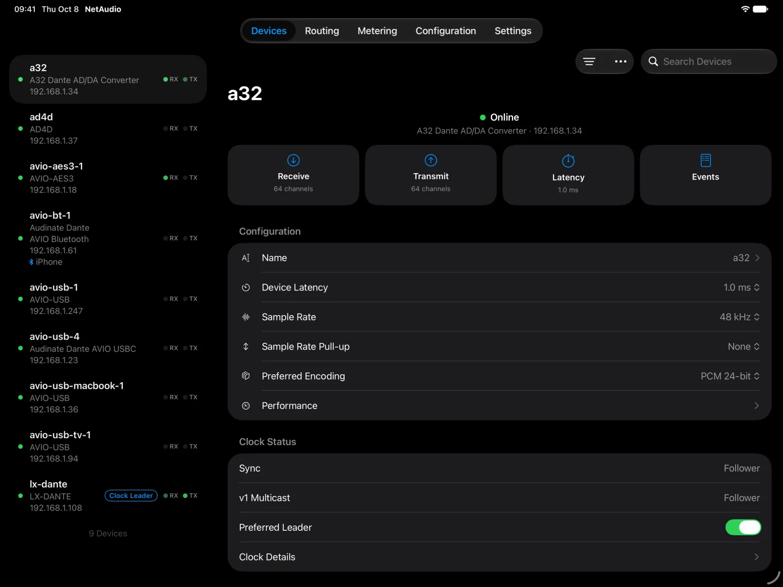 The A32 device page on iPad with receive, transmit, latency, and events tiles, its configuration, and its clock status.