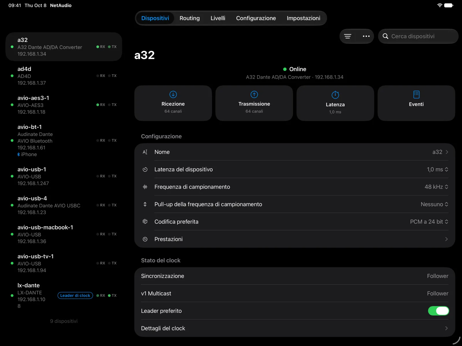 La pagina del dispositivo A32 su iPad con i riquadri di ricezione, trasmissione, latenza ed eventi, la sua configurazione e lo stato del clock.