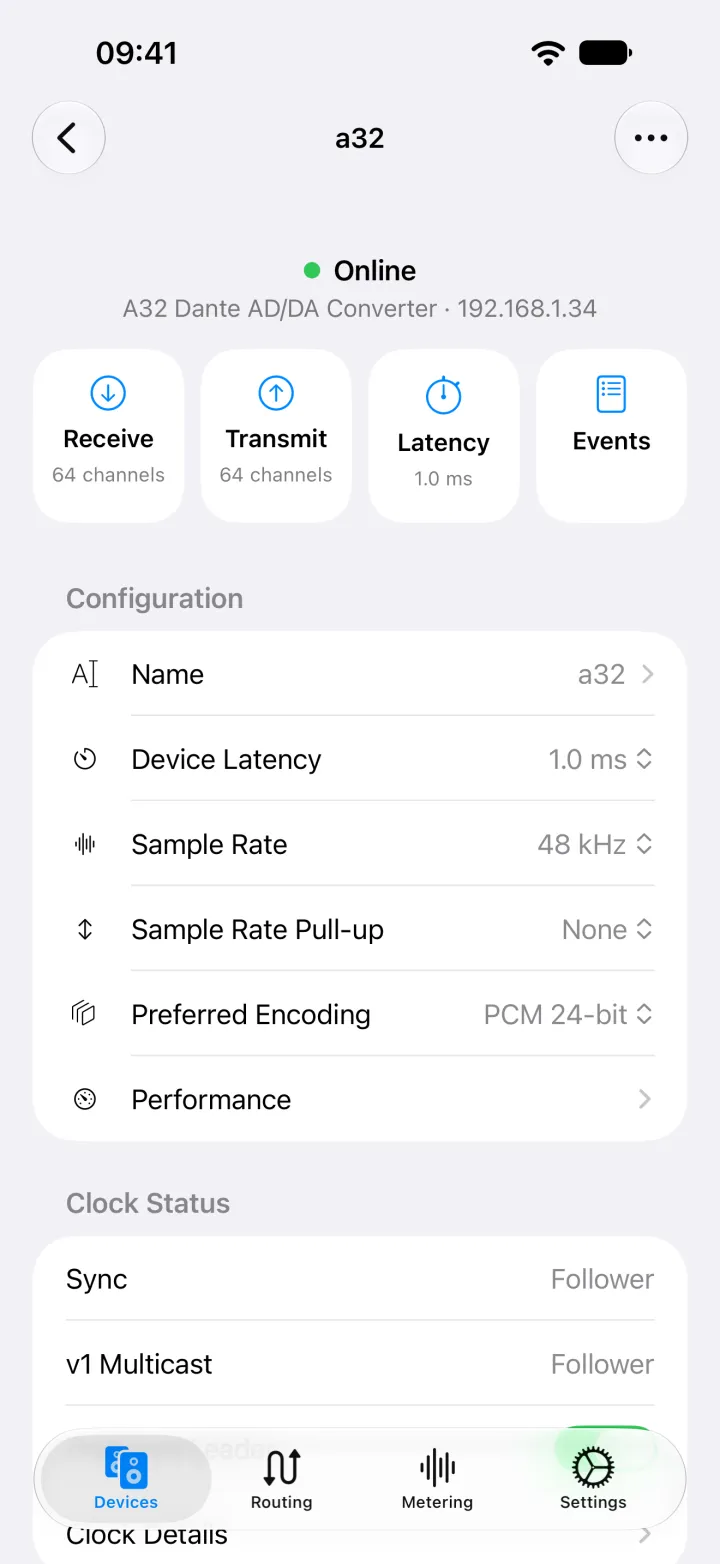 The A32 device page on iPhone with receive, transmit, latency, and events shortcuts, and its name, latency, sample rate, encoding, and clock status.
