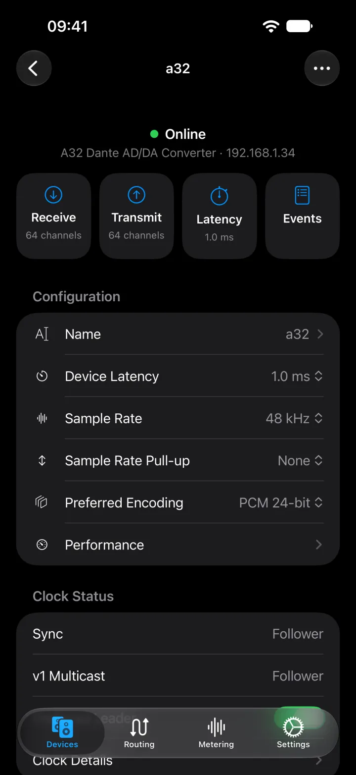The A32 device page on iPhone with receive, transmit, latency, and events shortcuts, and its name, latency, sample rate, encoding, and clock status.