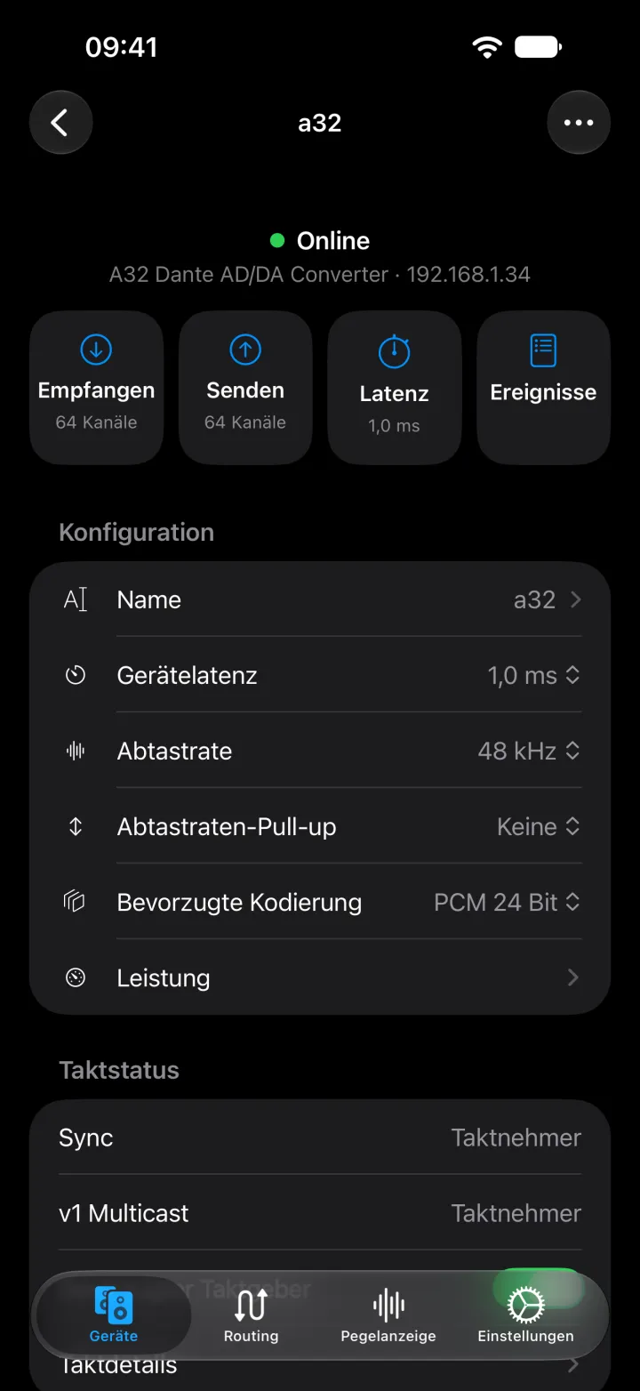 Die Geräteseite des A32 auf dem iPhone mit Schnellzugriffen für Empfangen, Senden, Latenz und Ereignisse sowie Name, Latenz, Abtastrate, Kodierung und Taktstatus.