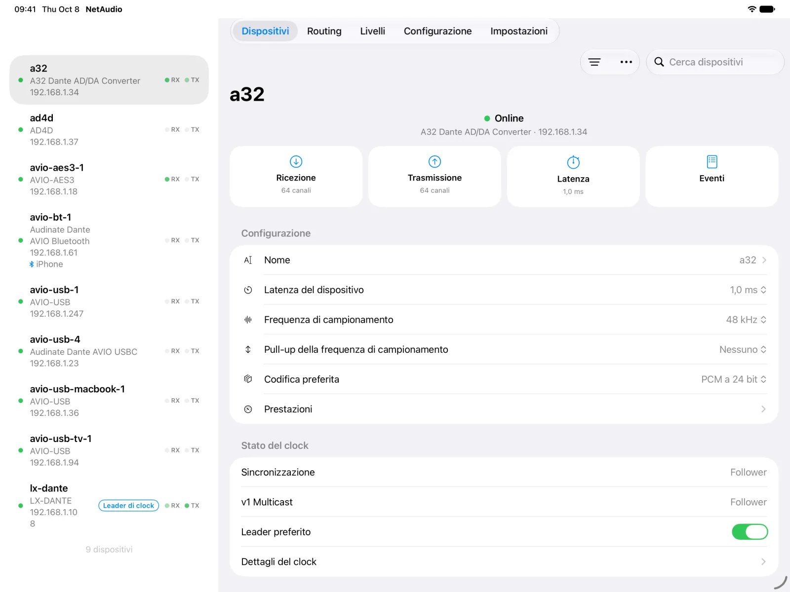 La pagina del dispositivo A32 su iPad con i riquadri di ricezione, trasmissione, latenza ed eventi, la sua configurazione e lo stato del clock.