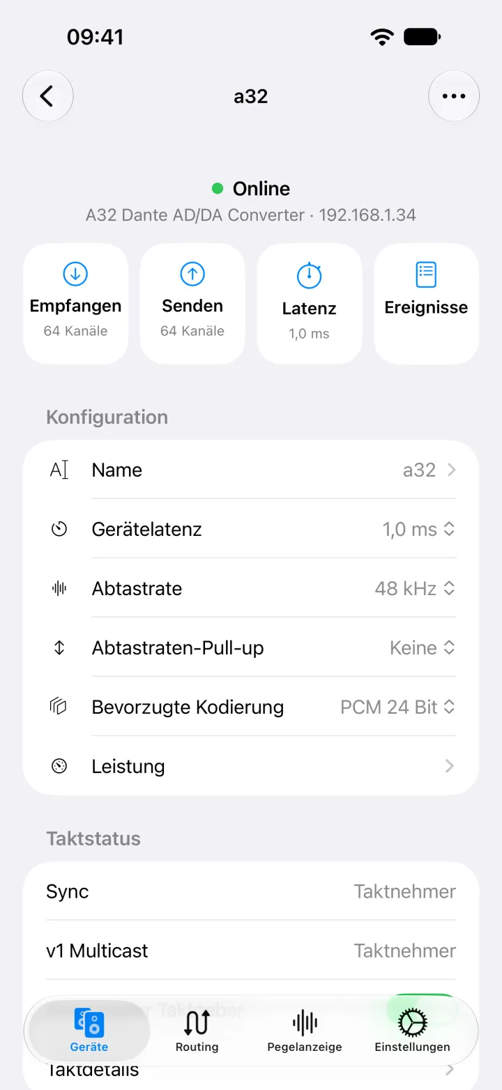 Die Geräteseite des A32 auf dem iPhone mit Schnellzugriffen für Empfangen, Senden, Latenz und Ereignisse sowie Name, Latenz, Abtastrate, Kodierung und Taktstatus.