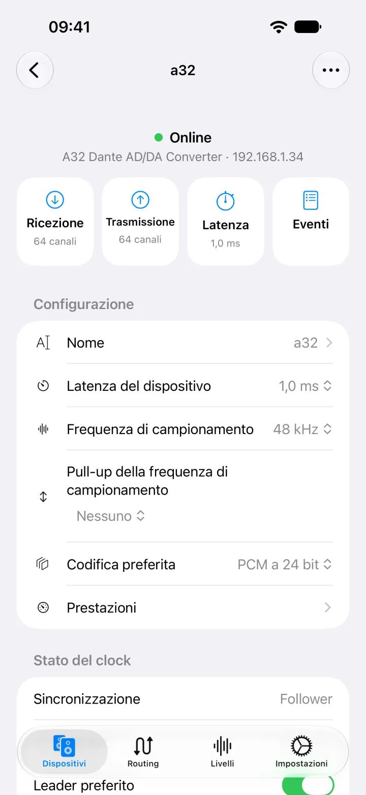 La pagina del dispositivo A32 su iPhone con le scorciatoie per ricezione, trasmissione, latenza ed eventi, e con nome, latenza, frequenza di campionamento, codifica e stato del clock.