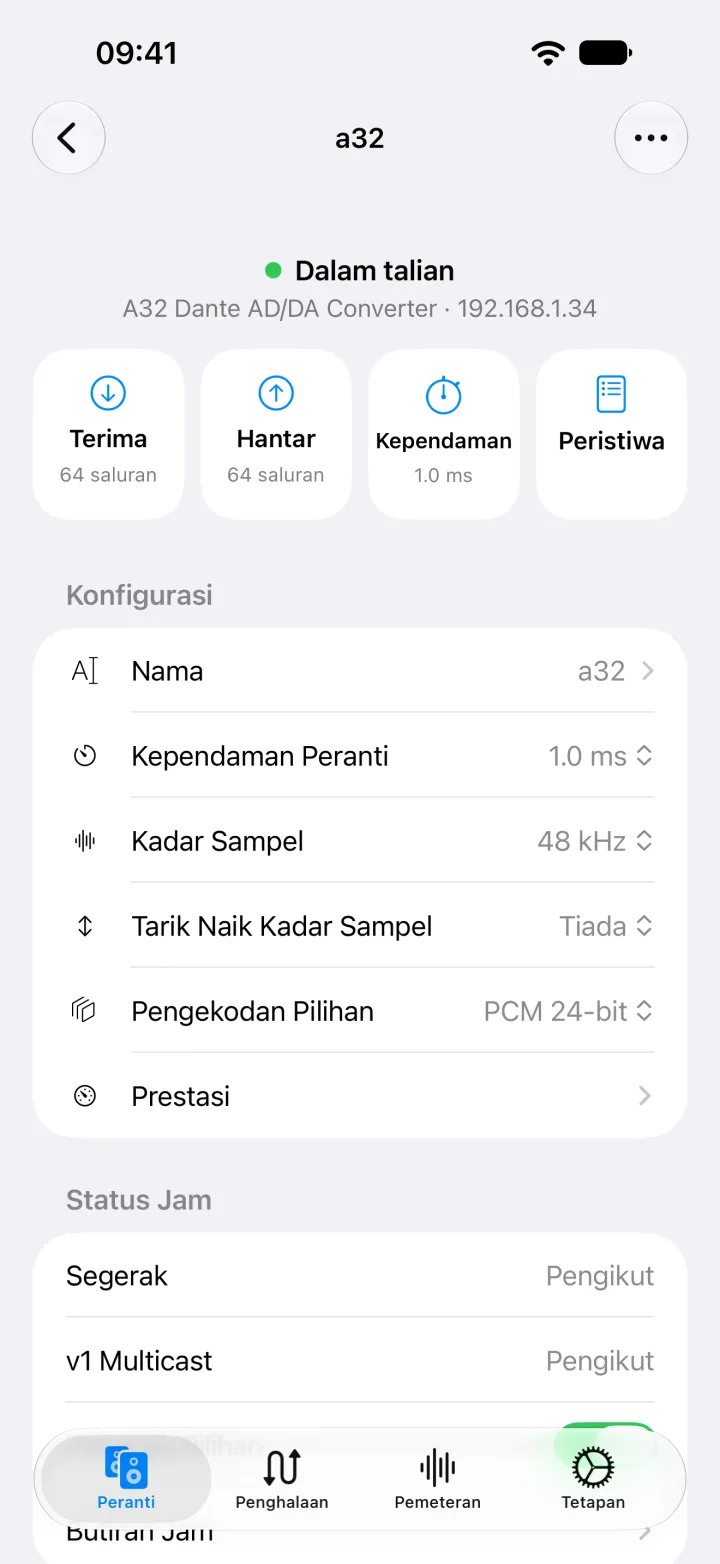 Halaman peranti A32 pada iPhone dengan pintasan terima, hantar, kependaman dan peristiwa, serta nama, kependaman, kadar sampel, pengekodan dan status jamnya.
