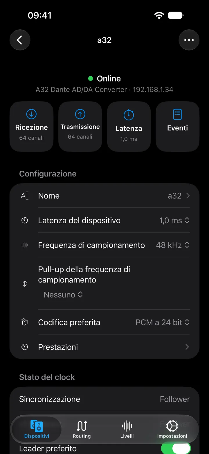 La pagina del dispositivo A32 su iPhone con le scorciatoie per ricezione, trasmissione, latenza ed eventi, e con nome, latenza, frequenza di campionamento, codifica e stato del clock.