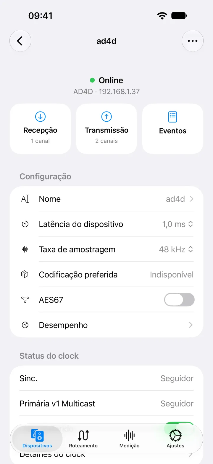 A página do dispositivo Shure AD4D no iPhone com o nome, a latência, a taxa de amostragem, a codificação e os ajustes AES67 dele.