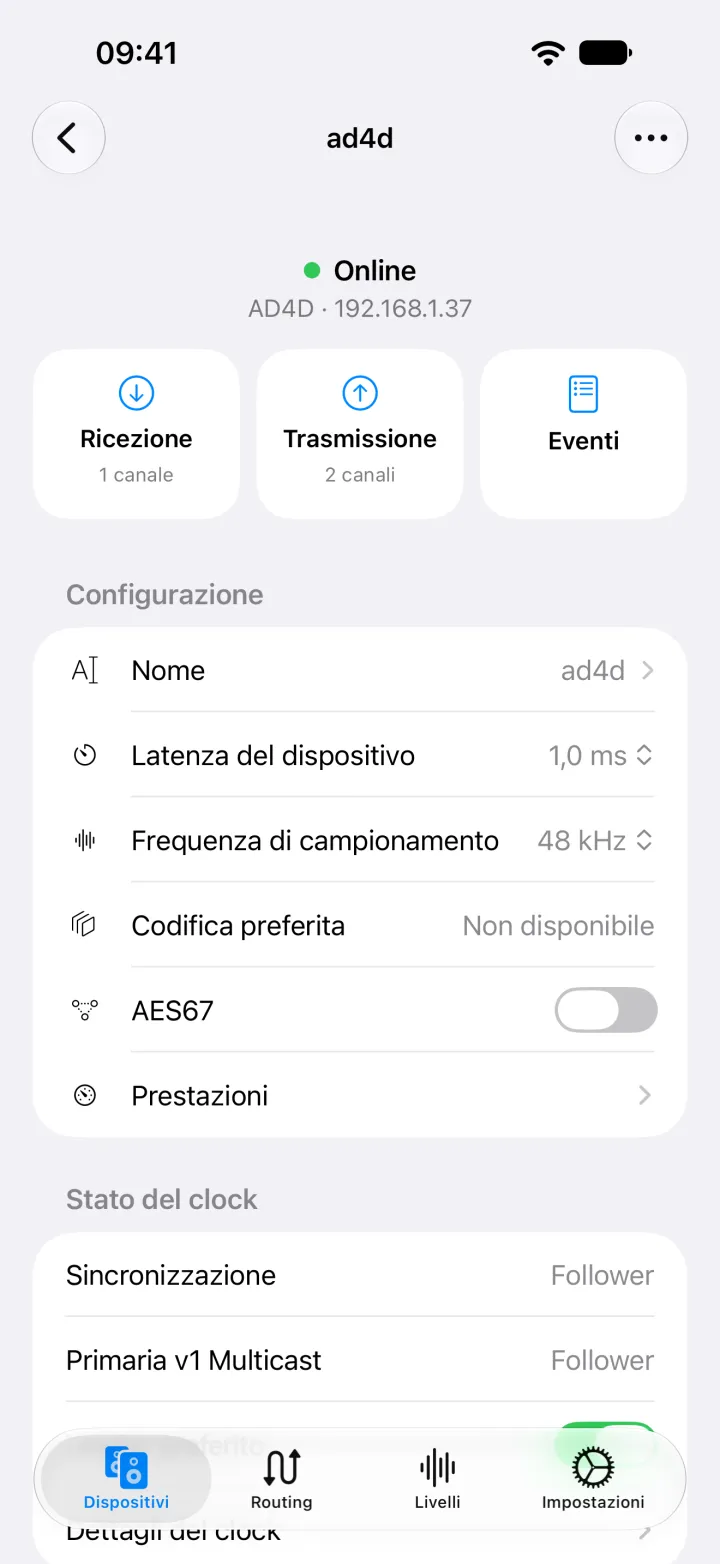 La pagina del dispositivo Shure AD4D su iPhone con nome, latenza, frequenza di campionamento, codifica e impostazioni AES67.