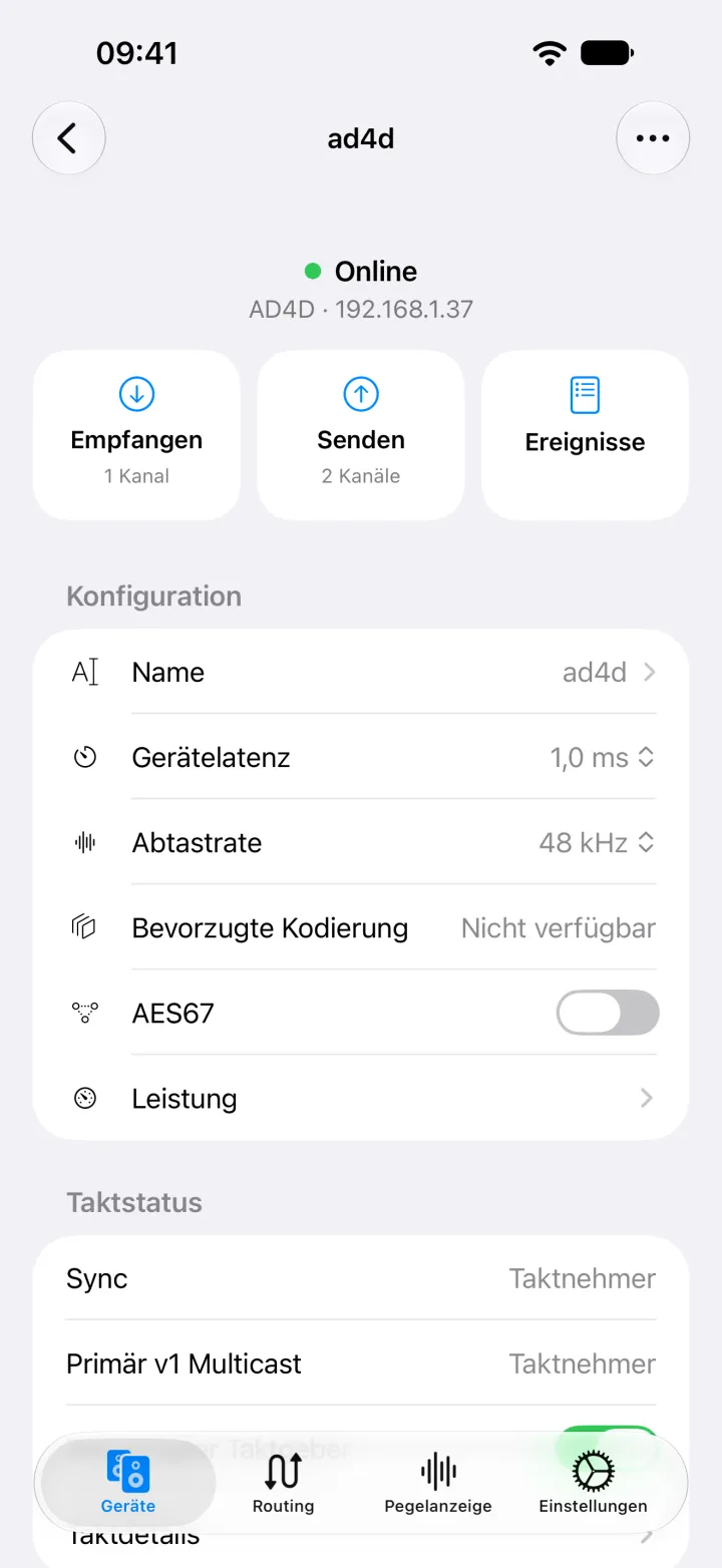 Die Geräteseite des Shure AD4D auf dem iPhone mit Name, Latenz, Abtastrate, Kodierung und AES67-Einstellungen.