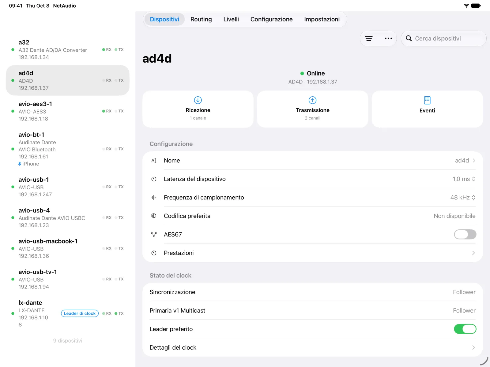 La pagina del dispositivo Shure AD4D su iPad accanto all’elenco dei dispositivi, con la sua configurazione, l’impostazione AES67 e lo stato del clock.