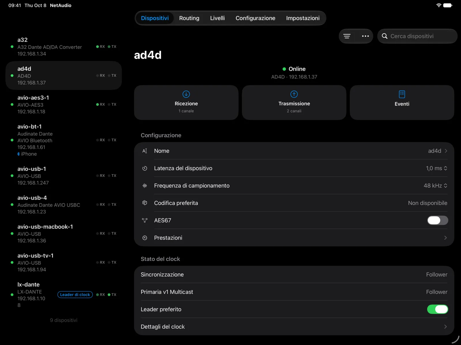 La pagina del dispositivo Shure AD4D su iPad accanto all’elenco dei dispositivi, con la sua configurazione, l’impostazione AES67 e lo stato del clock.