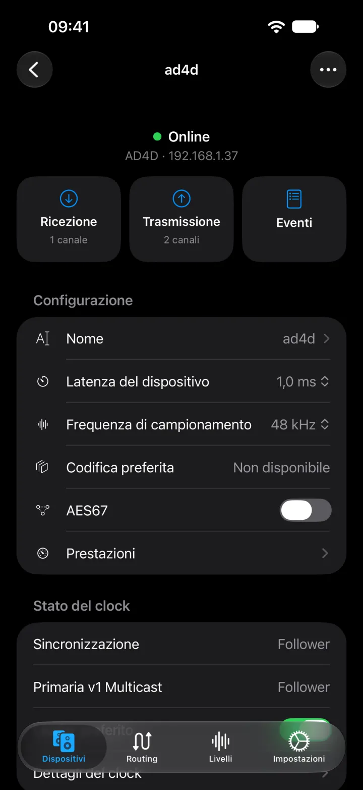 La pagina del dispositivo Shure AD4D su iPhone con nome, latenza, frequenza di campionamento, codifica e impostazioni AES67.