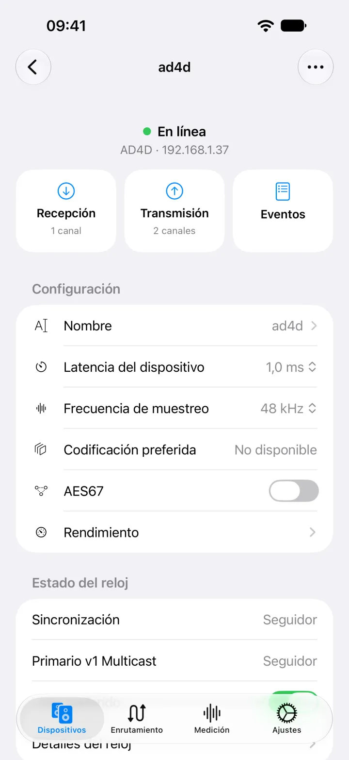 La página del dispositivo Shure AD4D en iPhone con su nombre, latencia, frecuencia de muestreo, codificación y ajustes de AES67.