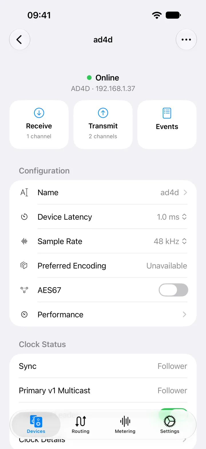 The Shure AD4D device page on iPhone with its name, latency, sample rate, encoding, and AES67 settings.