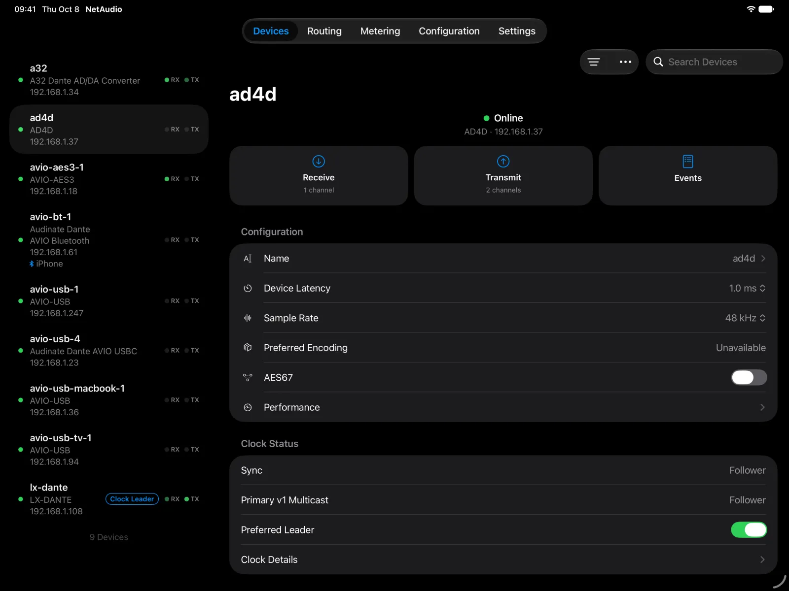 The Shure AD4D device page on iPad beside the device list, with its configuration, AES67 setting, and clock status.