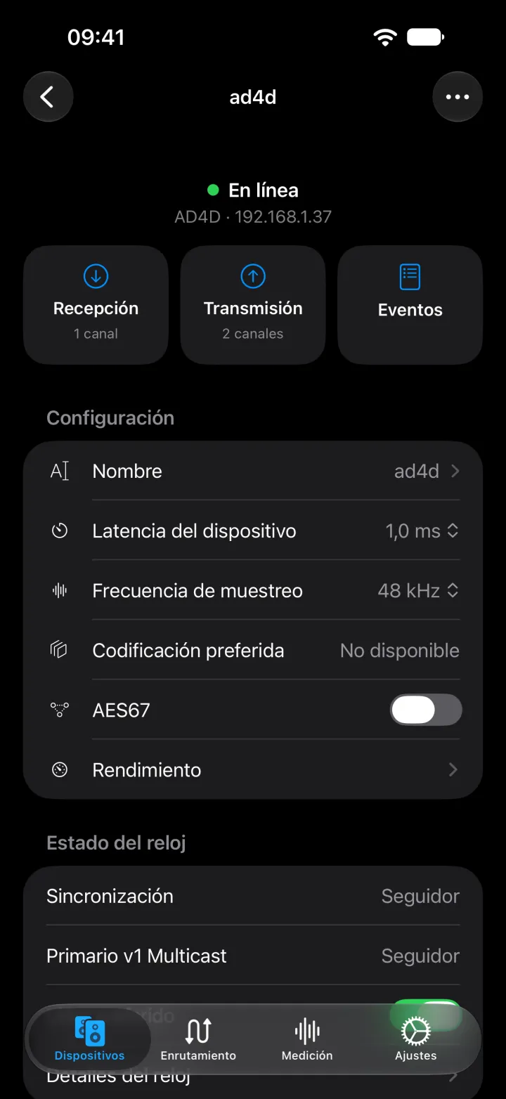 La página del dispositivo Shure AD4D en iPhone con su nombre, latencia, frecuencia de muestreo, codificación y ajustes de AES67.