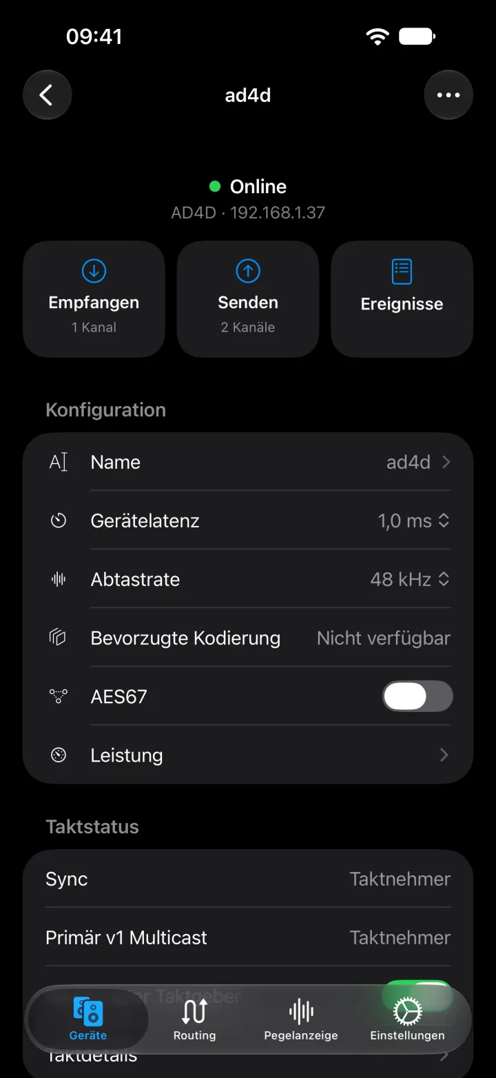 Die Geräteseite des Shure AD4D auf dem iPhone mit Name, Latenz, Abtastrate, Kodierung und AES67-Einstellungen.