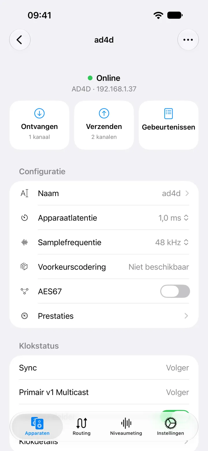 De apparaatpagina van de Shure AD4D op de iPhone met de naam, latentie, samplefrequentie, codering en AES67-instellingen.