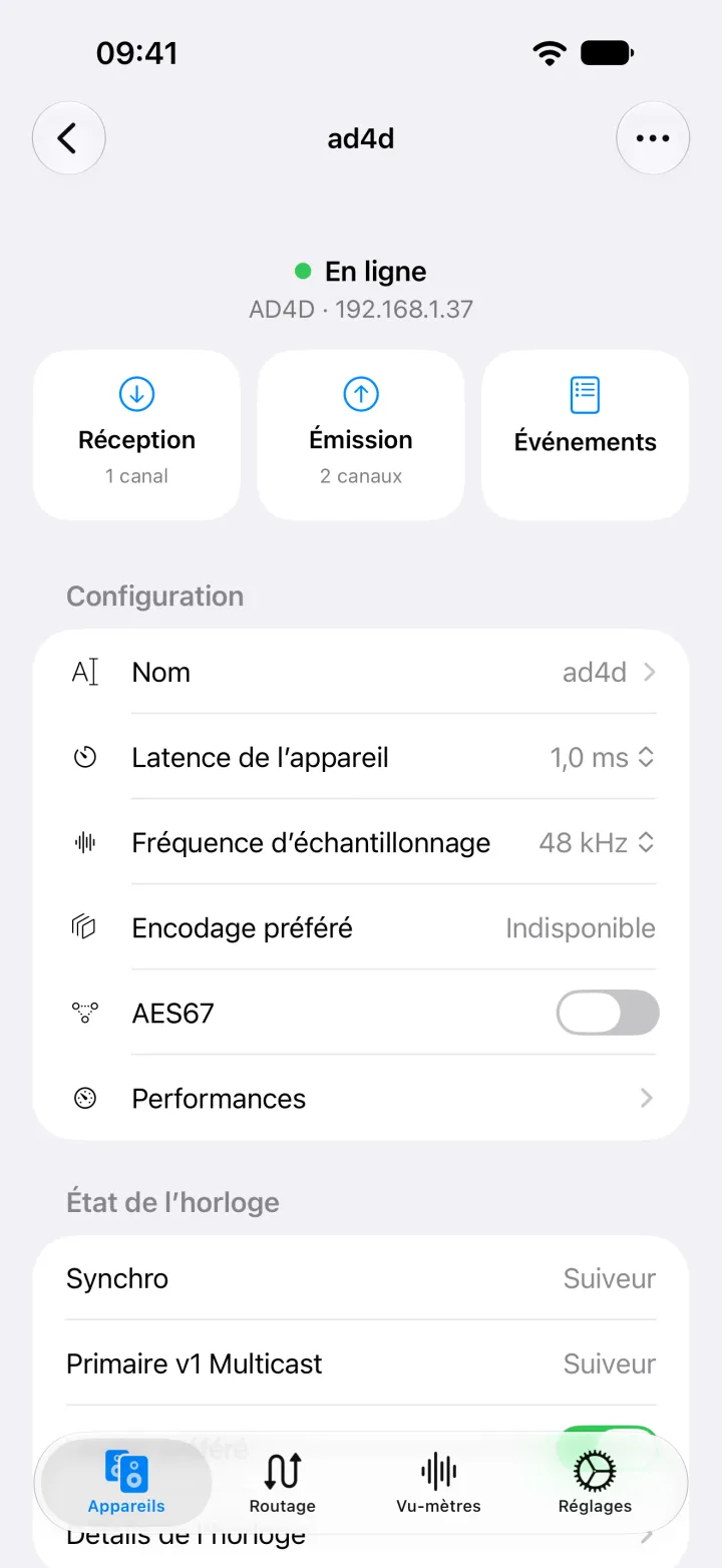 La page de l’appareil Shure AD4D sur iPhone, avec son nom, sa latence, sa fréquence d’échantillonnage, son encodage et ses réglages AES67.