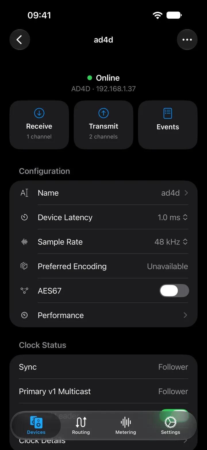 The Shure AD4D device page on iPhone with its name, latency, sample rate, encoding, and AES67 settings.