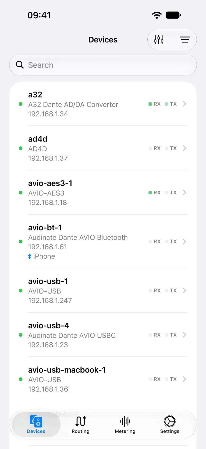 NetAudio on iPhone listing Dante devices, including a Ferrofish A32 and a Shure AD4D, with each model and address.