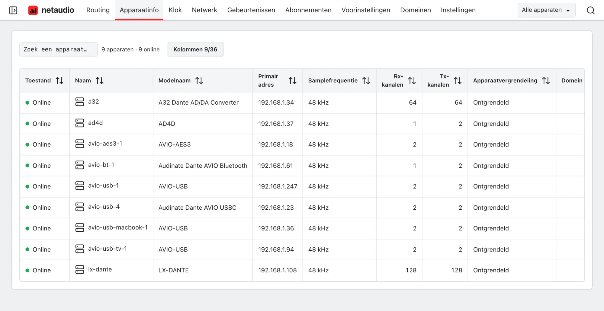 De apparatentabel van de webapp met per apparaat het model, het adres, de samplefrequentie, het aantal kanalen, de vergrendelingsstatus en het domein.