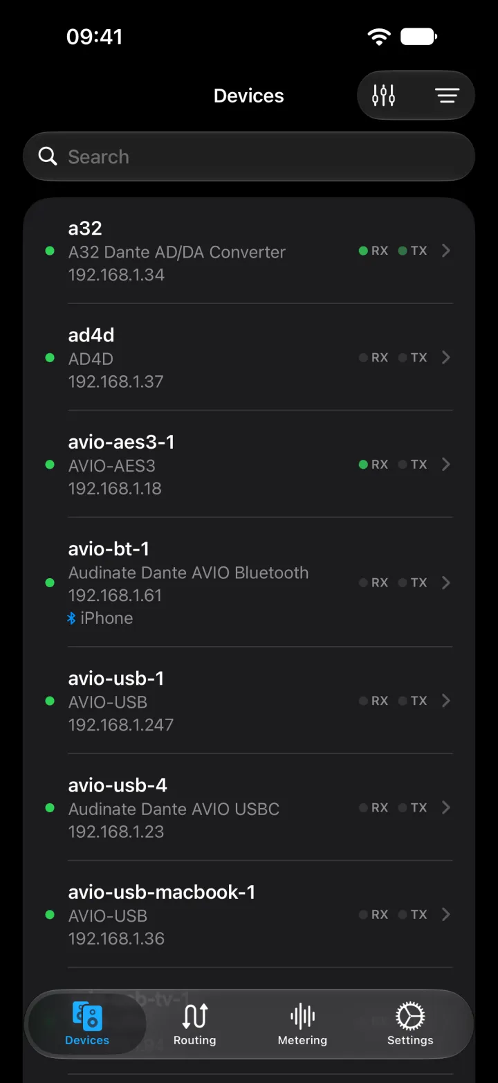 NetAudio on iPhone listing Dante devices, including a Ferrofish A32 and a Shure AD4D, with each model and address.