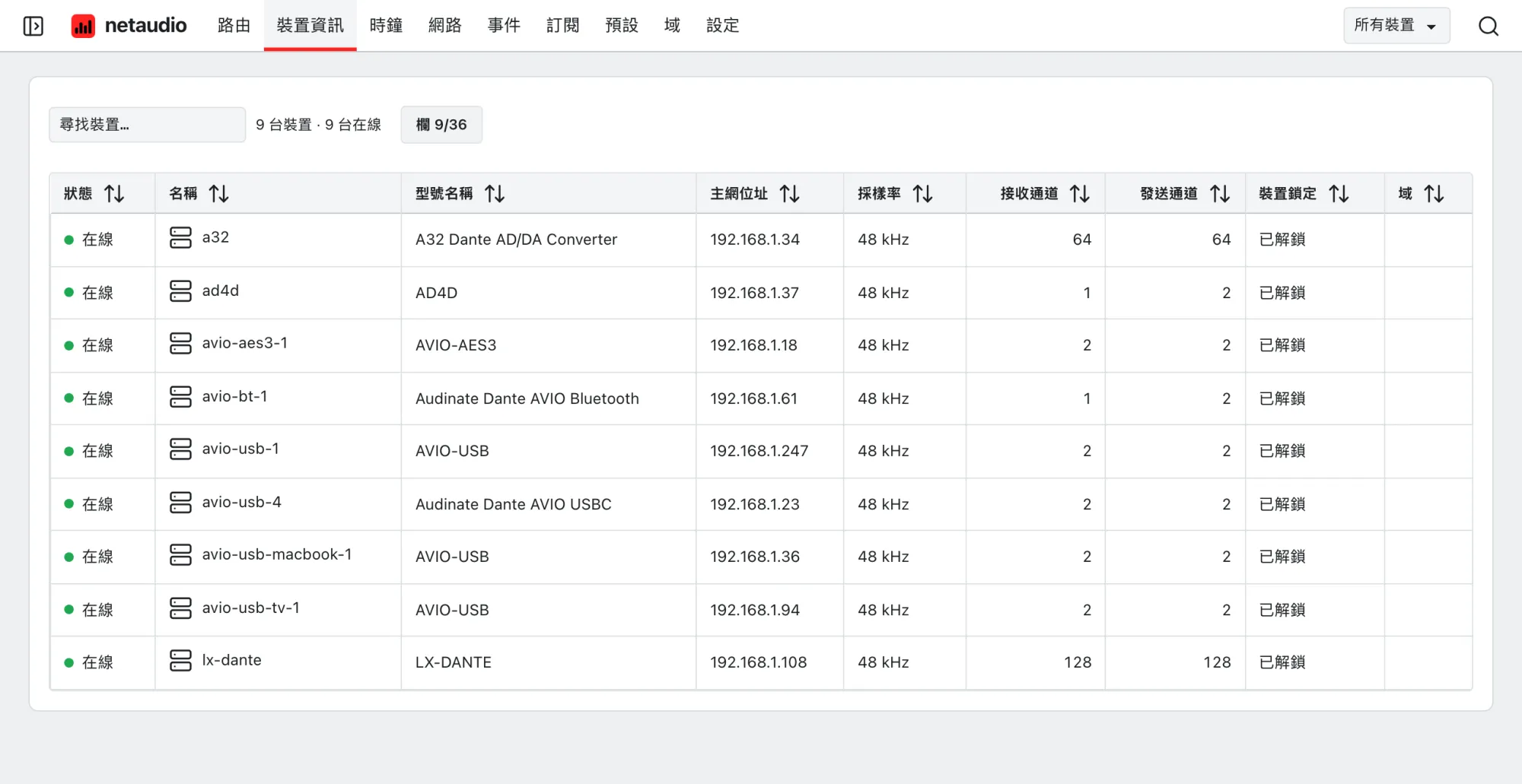Web App 的裝置表格，顯示每台裝置的型號、位址、採樣率、通道數、鎖定狀態和域。