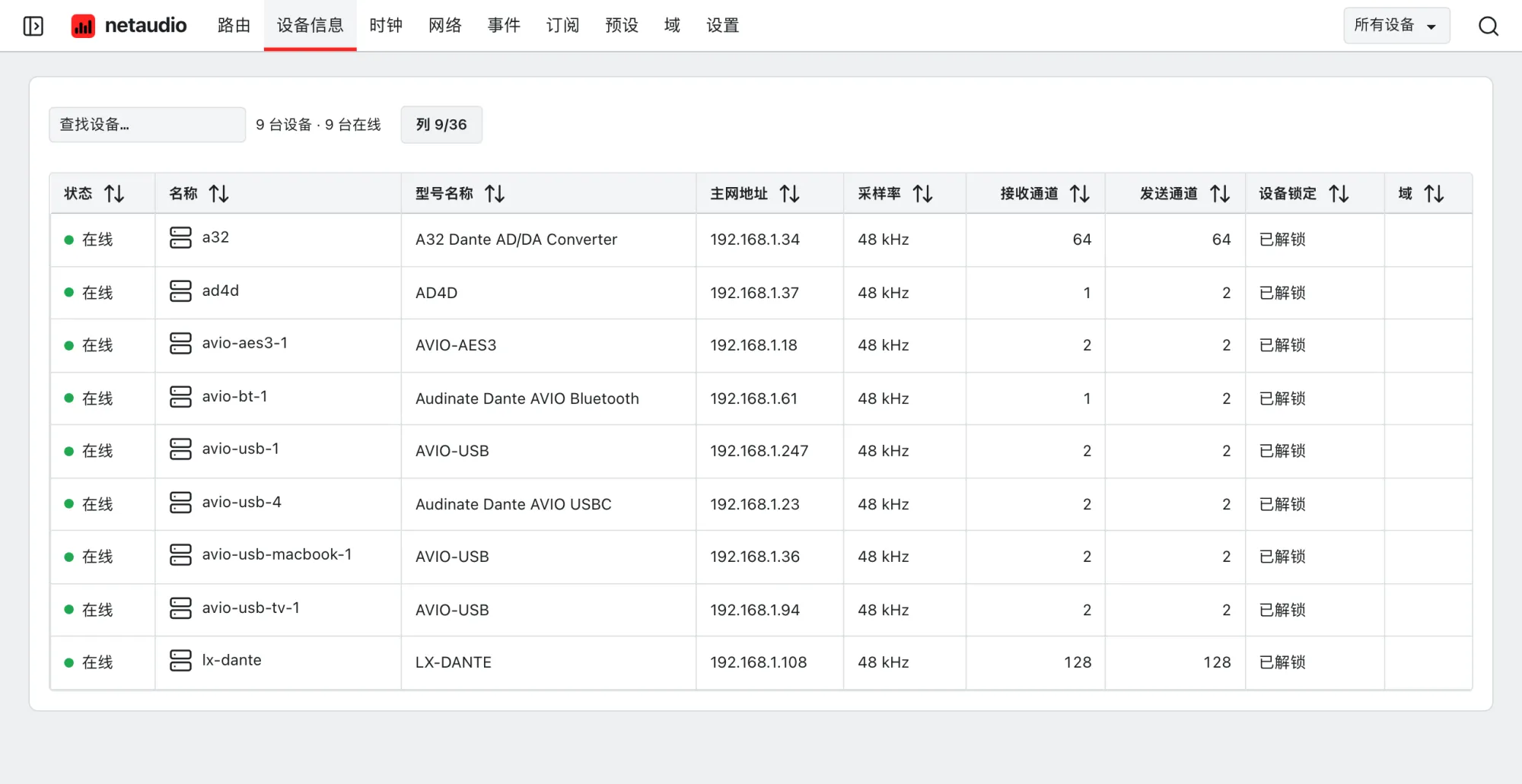 Web 应用的设备表，显示每台设备的型号、地址、采样率、通道数、锁定状态和域。