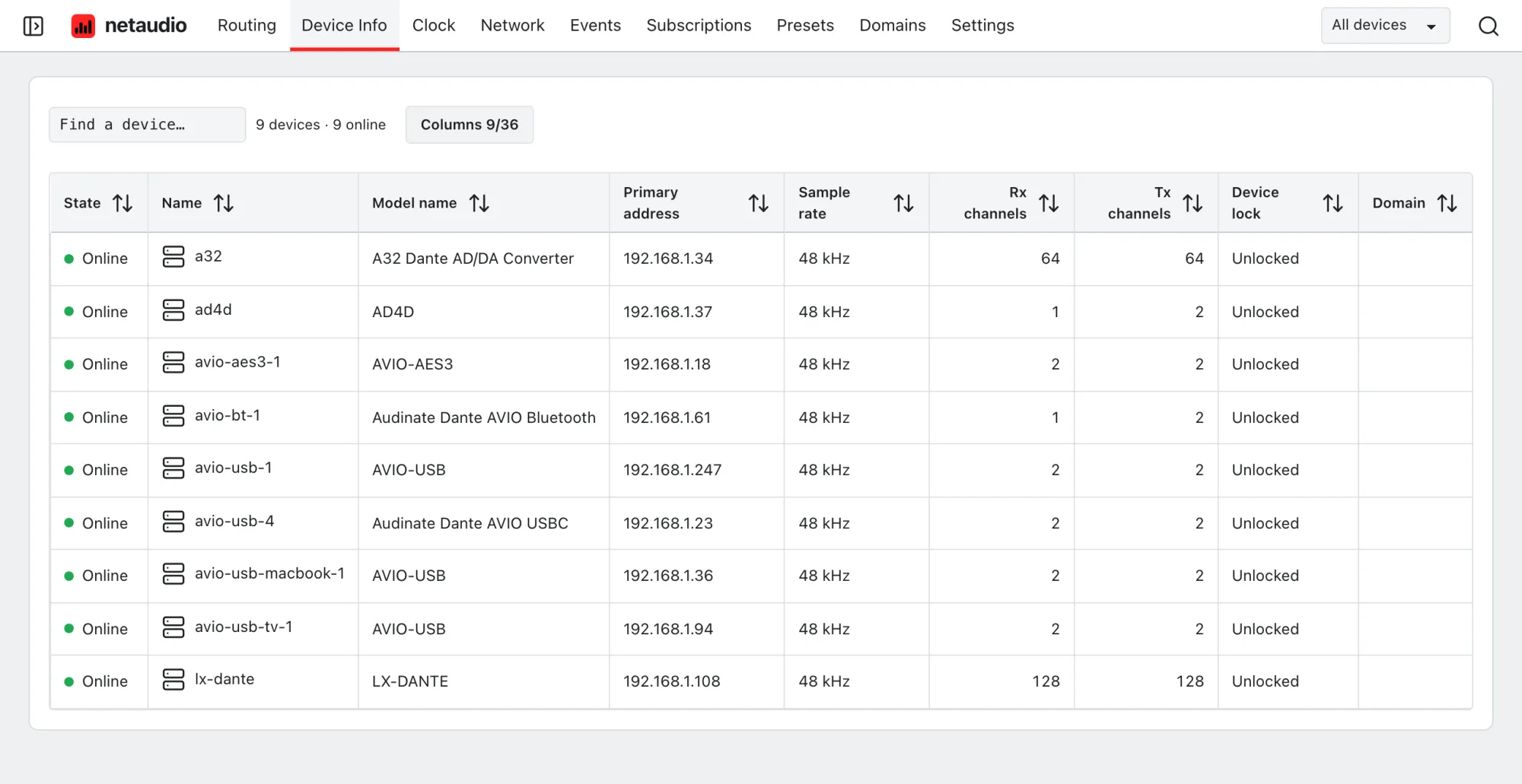 The web app device table with each device’s model, address, sample rate, channel counts, lock state, and domain.