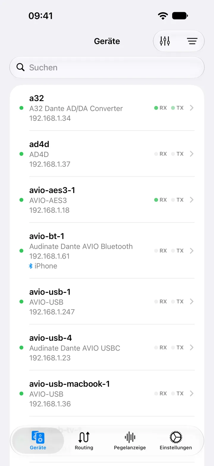 NetAudio auf dem iPhone mit einer Liste von Dante-Geräten, darunter ein Ferrofish A32 und ein Shure AD4D, jeweils mit Modell und Adresse.