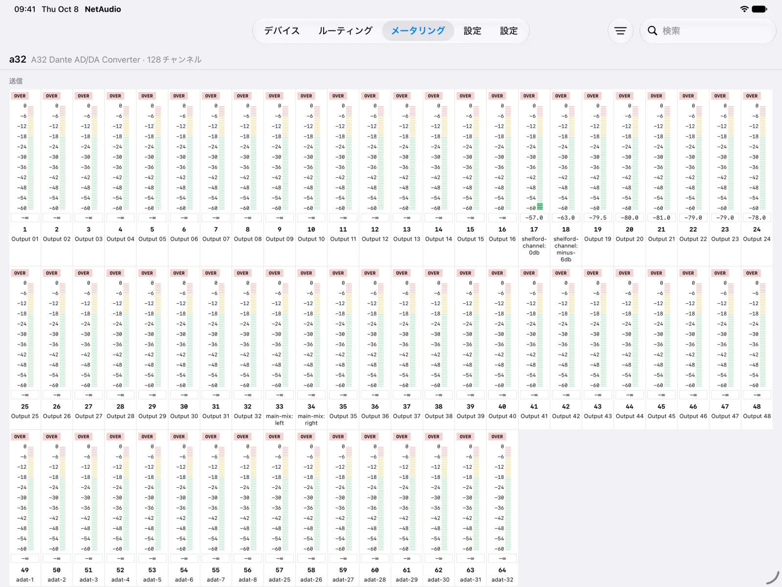 iPad のメータリングタブ。A32 の 64 の送信チャンネルそれぞれにレベルメーターがあり、そのうち 8 チャンネルに信号が入っています。