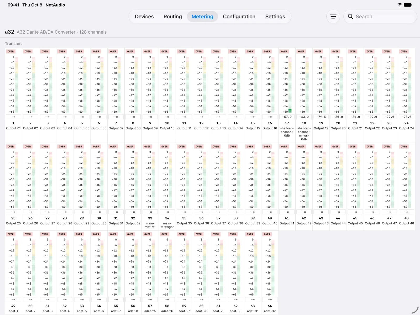 The metering tab on iPad with a level meter for each of the A32’s 64 transmit channels, eight of them carrying signal.