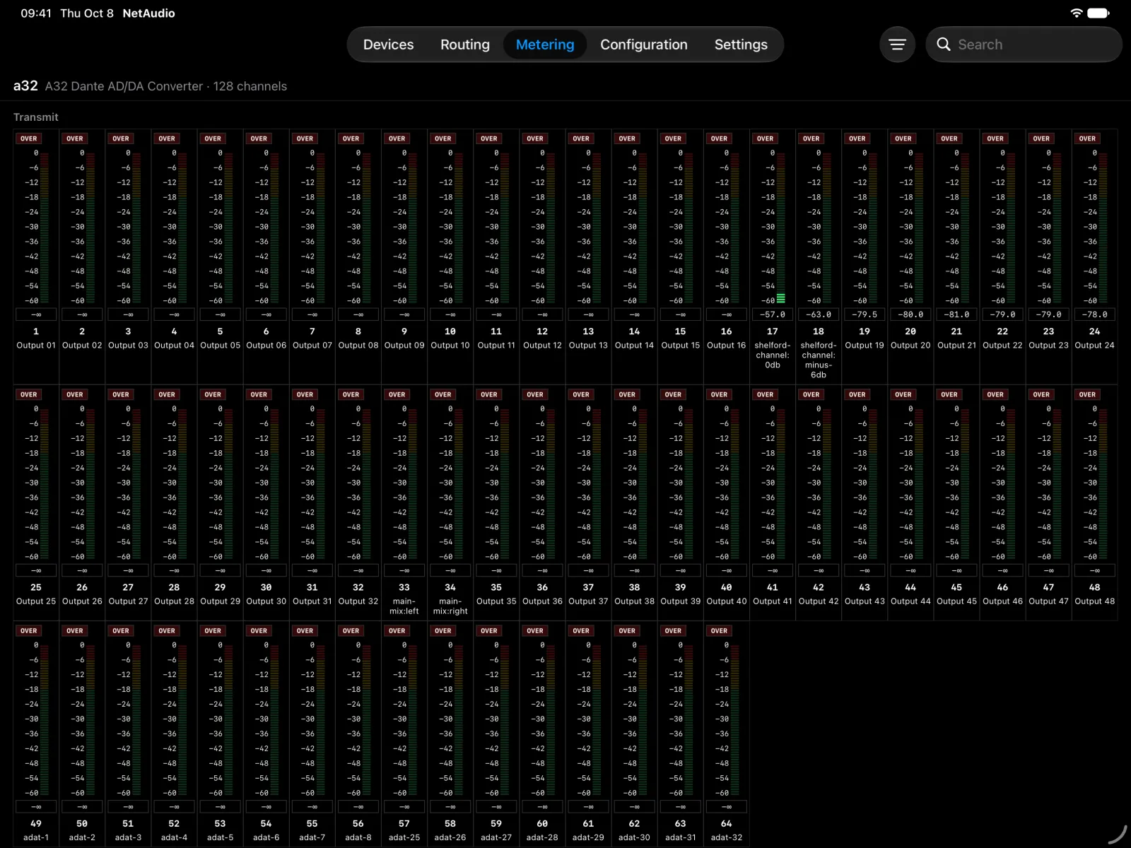 The metering tab on iPad with a level meter for each of the A32’s 64 transmit channels, eight of them carrying signal.