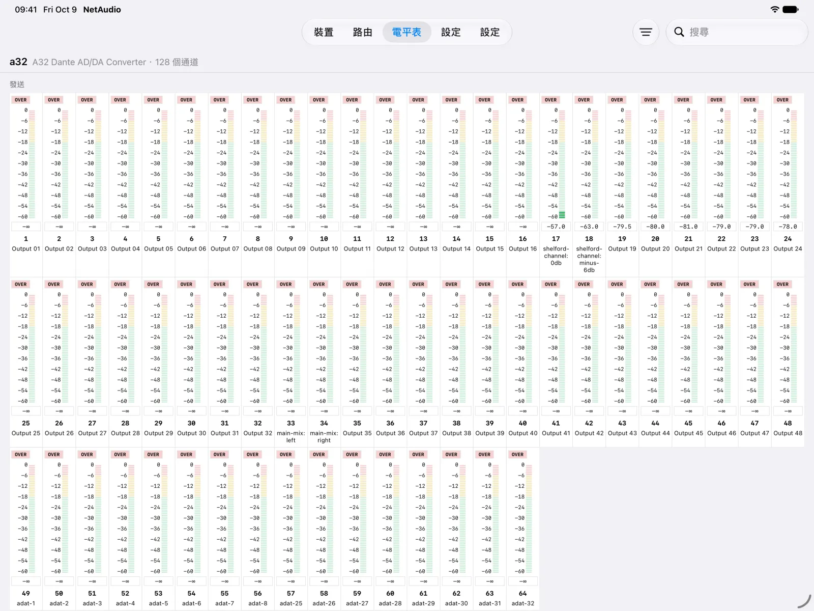iPad 上的「電平表」分頁,為 A32 的 64 個發送通道各顯示一個電平表,其中八個通道有訊號。