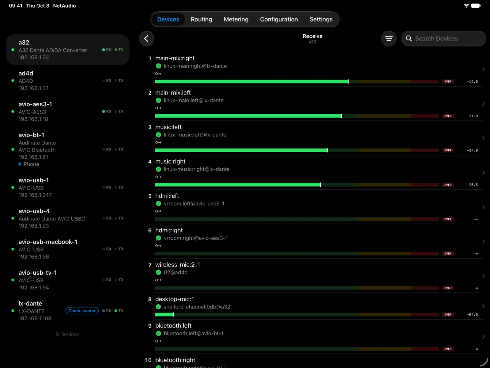 The receive channels of the A32 on iPad beside the device list, each with the transmit channel and device it is subscribed to.