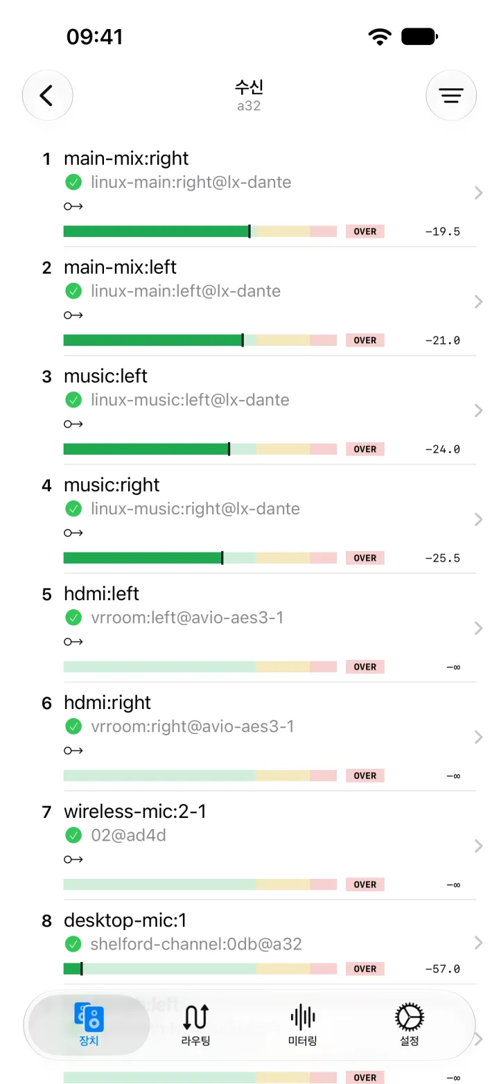 iPhone에 표시된 Ferrofish A32의 수신 채널. 각 채널이 구독하는 송신 채널과 장치가 표시되어 있습니다.