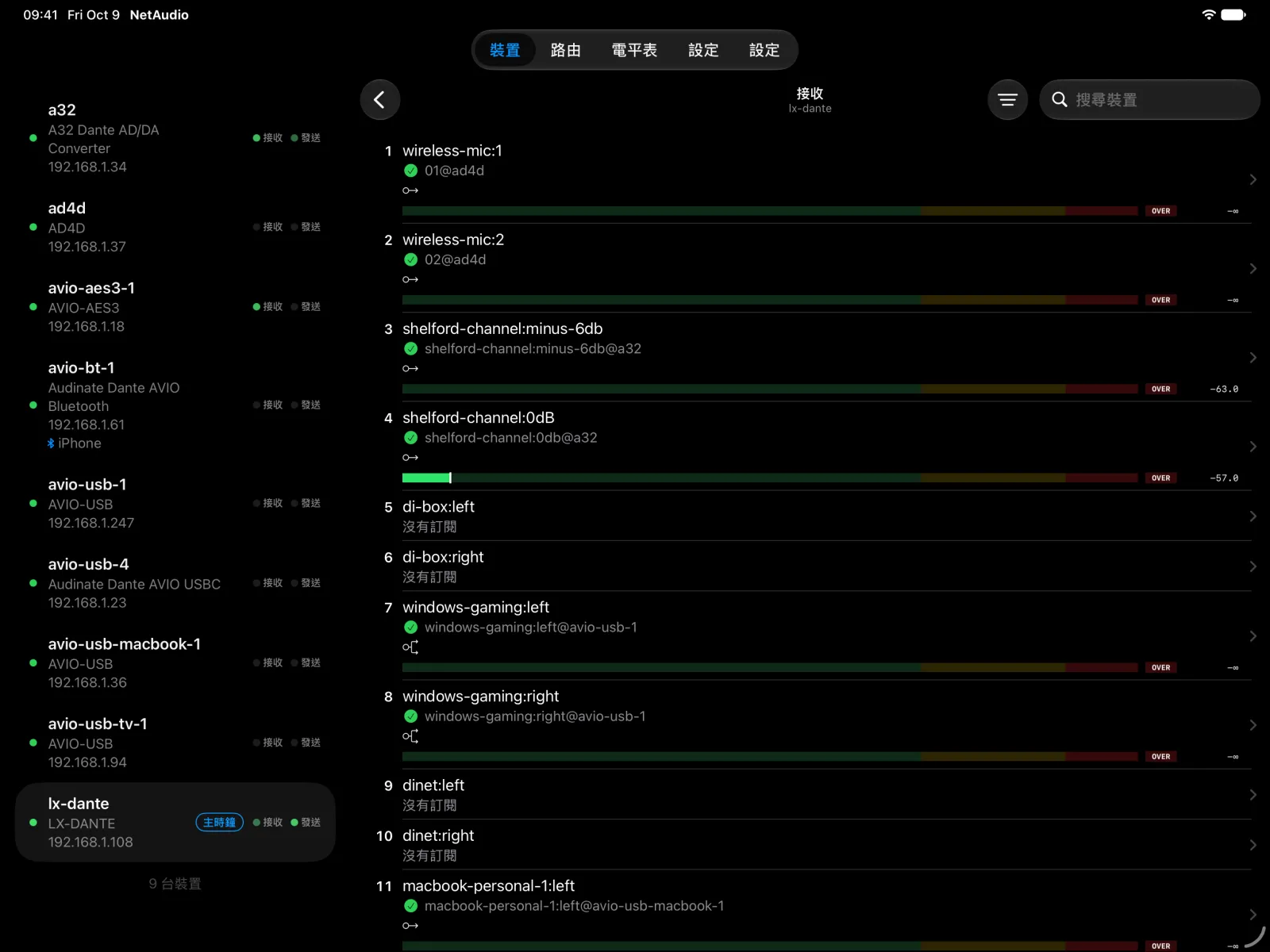 iPad 上一張 Digigram LX-Dante 卡的接收通道,包含來自 AD4D、A32 和多個 AVIO 轉接器的路由,其中兩個通道顯示即時電平表。