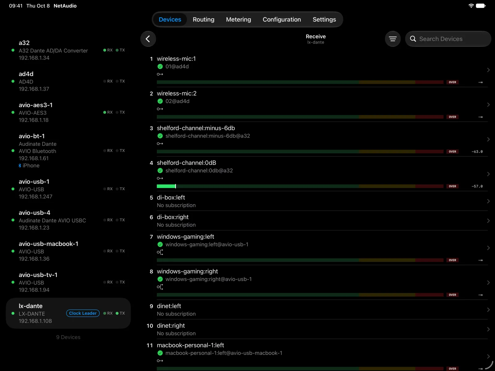 The receive channels of a Digigram LX-Dante card on iPad, with routes from the AD4D, the A32, and AVIO adapters, and live level meters on two channels.